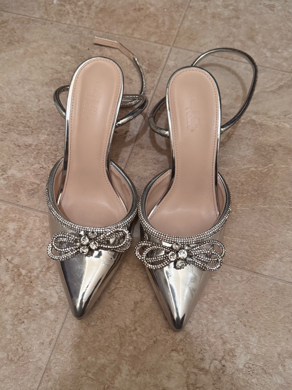 Charlotte Russe Silver Pointed Crystal Bow Slingback Heels